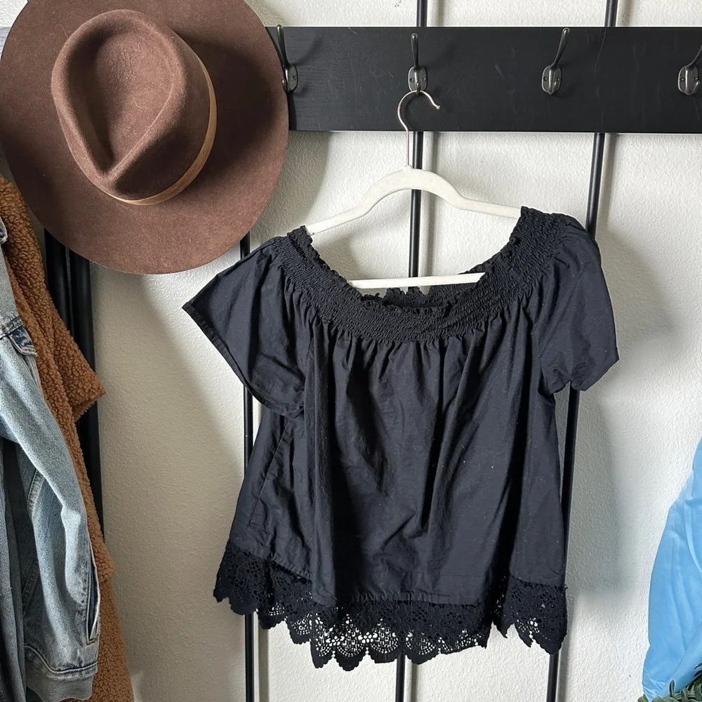 Who what wear black cotton lace time off shoulder boho summer blouse top shirt - Picture 2 of 4